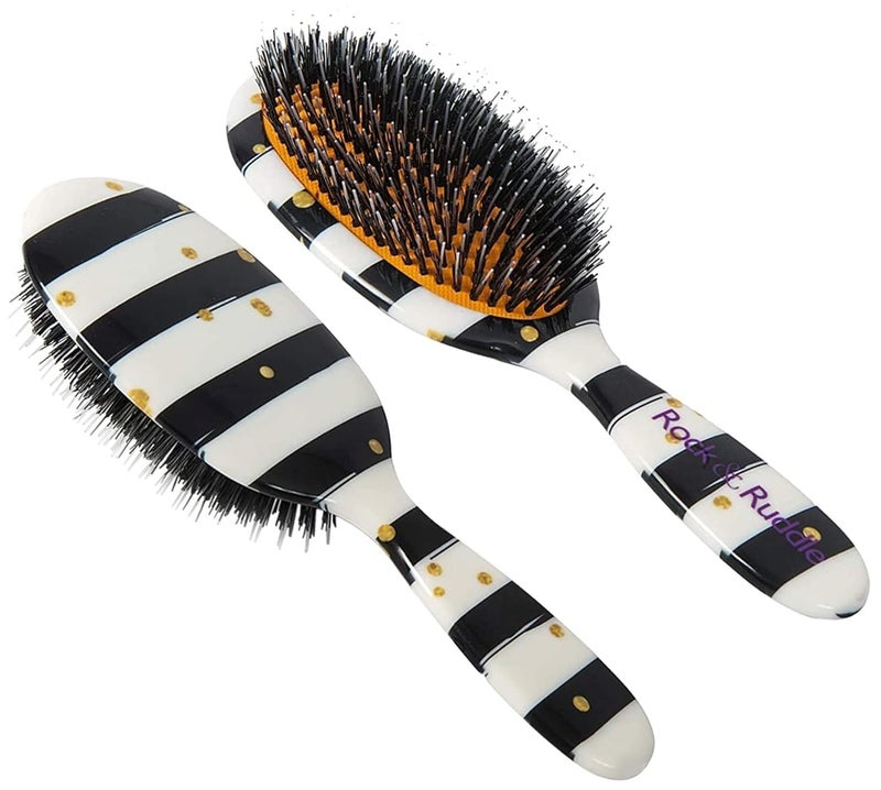 Rock & Ruddle Natural Mixed Boar Bristle Hair Brush for Women and Kids (Small/Travel Size, 17.5cm) - Perfect for Wet or Dry Hair, Detangling Smoothing Blowdrying - Made in UK - Black & White Stripes - Image 1